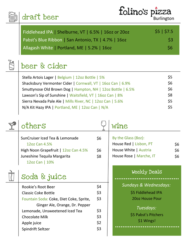 Burlington Drink Menu 2025