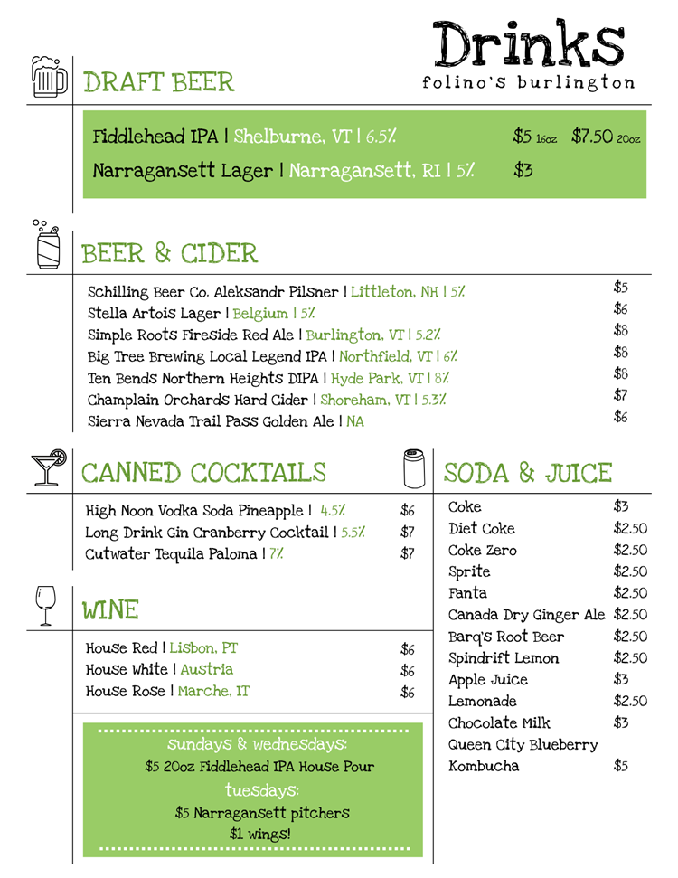 Burlington Drink menu