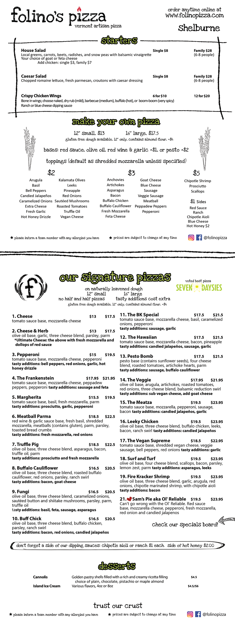 Shelburne Menu 2025