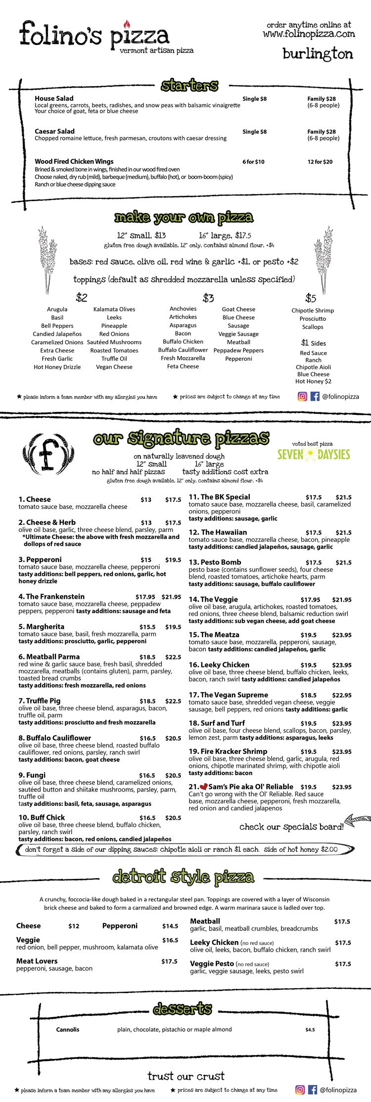 Burlington Food Menu 2025