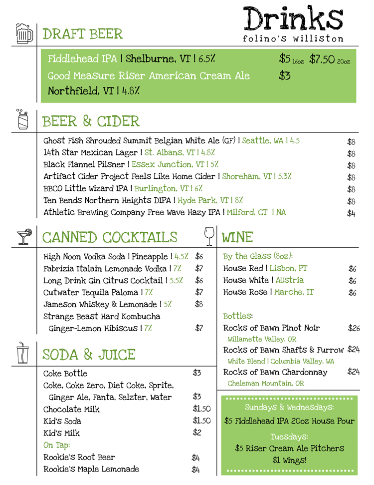Williston Drink Menu